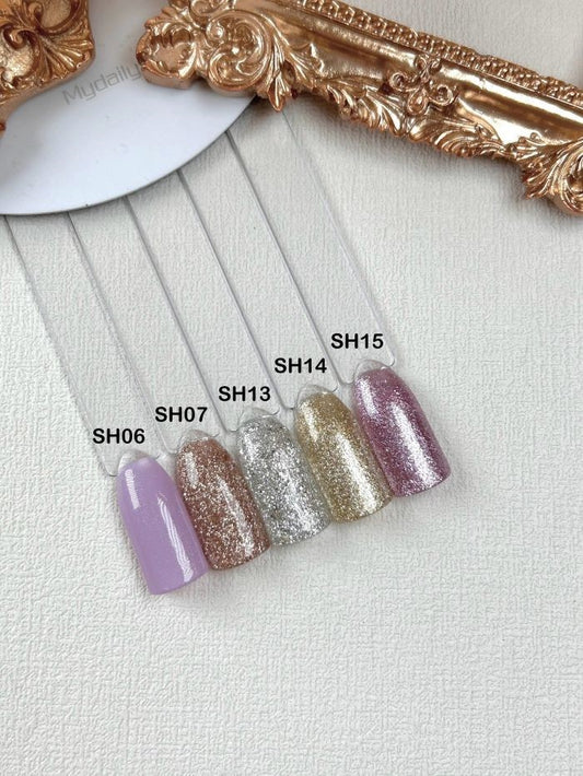 shimmer sparkle gel polish, shiny glitter gel polish, light purple glitter, champagne gold , silver color gel polish, nail supply Canada