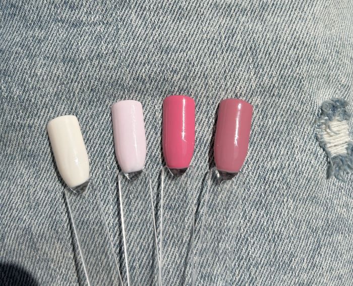 high quality gel polish, pink shades of color, beige white , rose gold pink